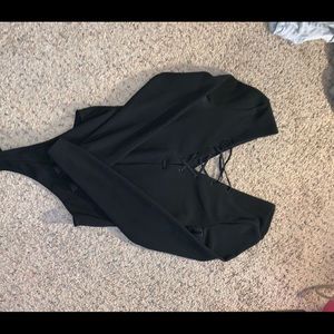 Black Cross Tie, Low Cut Body Suit.